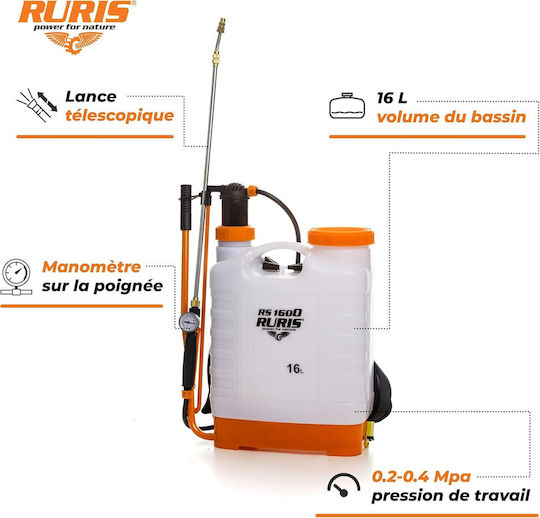 Ruris Rs 1600 Pulverizator Manual Cu Rucsac 16 L Rezervor Transparent Lance Telescopică Metalică