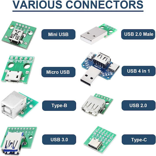 Kit Adaptor Daokai Usb la Dip 8 Piese Usb Type-C Usb Type-B Usb 2.0 Usb 3.0 Micro Usb Mini Usb Convertor 4 în 1 Conectori Pin 2.54 Mm Arduino Diy Prototipare