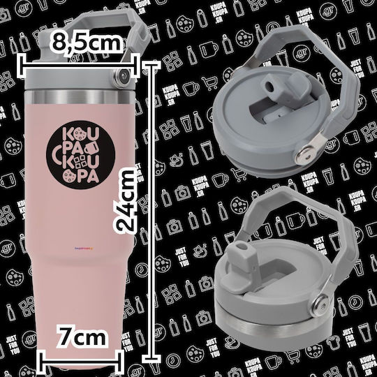 Koupakoupa Forky Thermos Stainless Steel 890ml Pink with Straw and Handle