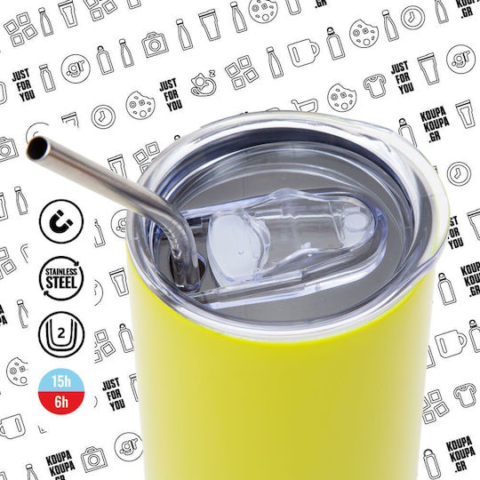 Koupakoupa Basket Net Thermos Stainless Steel BPA Free 600ml Neon Yellow with Straw and Handle