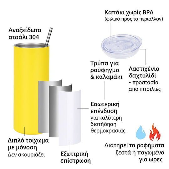Koupakoupa Catzilla Thermos Stainless Steel BPA Free 600ml Neon Yellow with Straw and Handle