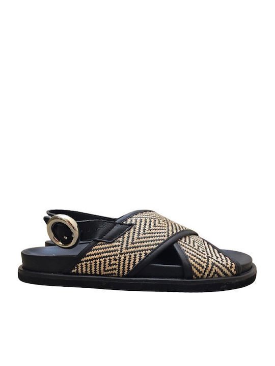 Leder Flache Sandalen für Damen Schwarz