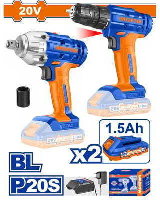Wadfow WCK2017 Set Drill Driver & Impact Driver Brushless 20V with 2 Batteries 1.5Ah
