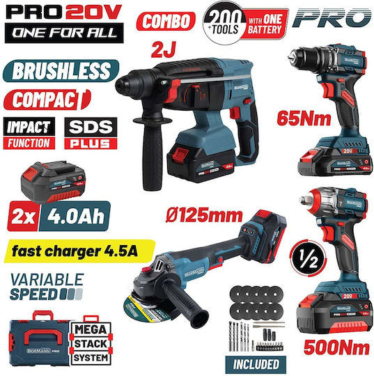 Bormann Pro BBP5438X44T4CA Battery Tool Set Angle Grinder Impact Drill Driver Impact Wrench & Rotary Hammer Brushless with 2 Batteries 4Ah and Case