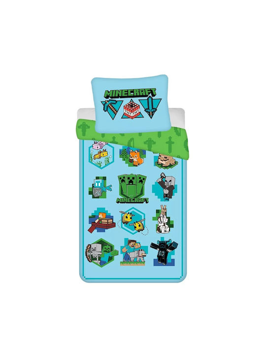 Minecraft Icons Jerry Set Kids Duvet Cover Single with Pillowcase Cotton Light Blue 140x200cm