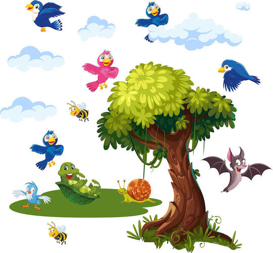 Set Decorativ Perete Copaci Păsări Colorate pentru Copii 100x200