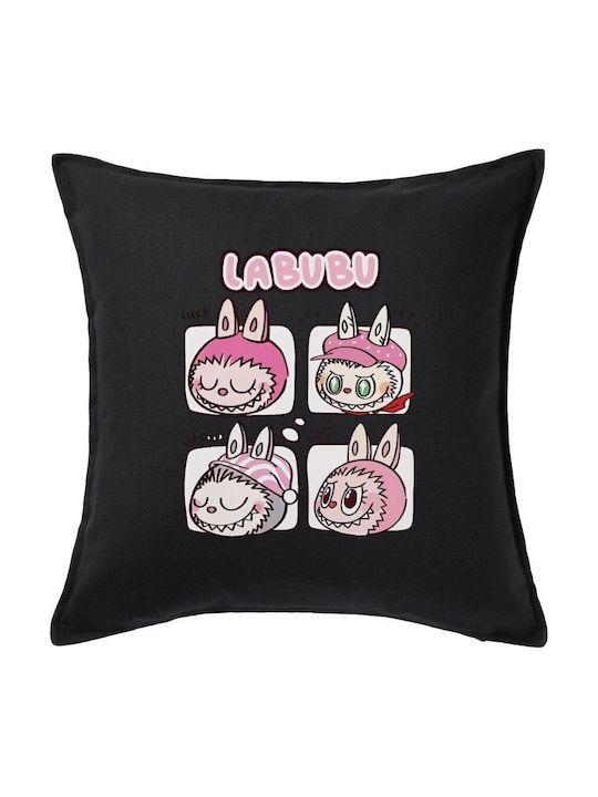 Labubu Pink Kids Throw Pillow Black 100% Cotton Includes Filling 50x50cm