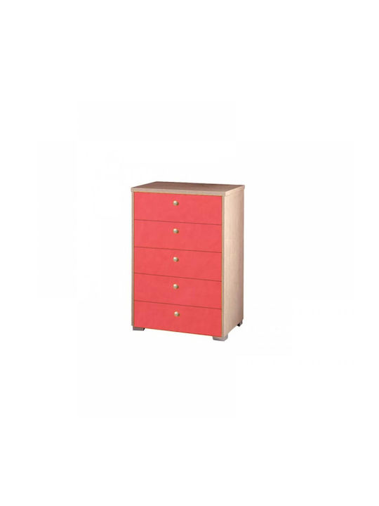 Kids Chest of Drawers No 5 Oak-Red with 5 Drawers 60x45x90cm
