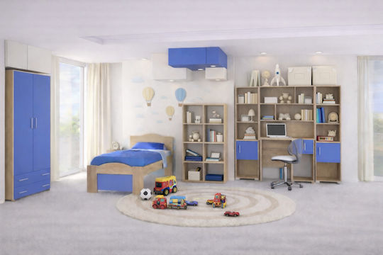 Kids Bedroom Set Wave Blue Oak 7 Pieces with Bed for Mattress 90x200cm
