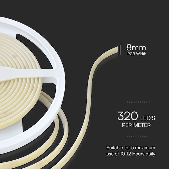 V-TAC Bandă LED Impermeabilă 24V Lumină Alb Cald 5m Tip COB