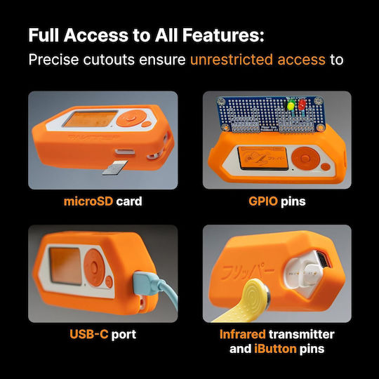 Soft Touch Silicone Protective Case Flipper Zero Shockproof Scratch-resistant Full Access To Usb-c Gpio Microsd Ir Ports Ergonomic Non-slip Design Orange