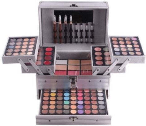 Miss Rose Makeup Cosmetic Box For Face & Eyes With Toiletry Bag Silver 196 Pieces
