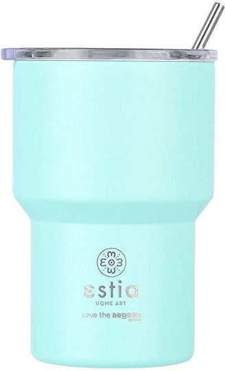Estia Coffee Mug Lite Save The Aegean Recyclable Thermos Stainless Steel BPA Free 400ml Bermuda Green with Straw