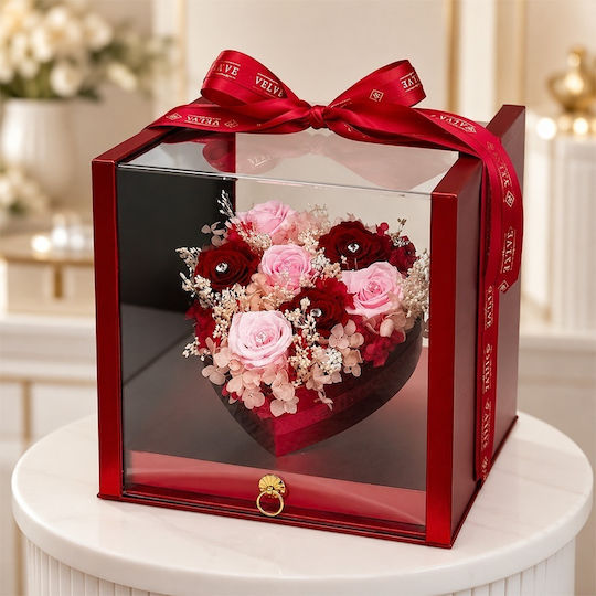 Set Premium Luxos Aranjament Inima 7 Trandafiri Criogenați Eșarfă Fină Set Bijuterii Stil Tenis În Cutie Roșie Plexiglas Set Premium Luxos Aranjament Inima 7 Trandafiri Criogenați Eșarfă Fină Set Bijuterii Stil Tenis În Cutie Roșie Plexiglas