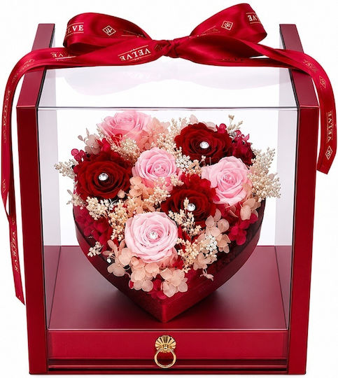 Premium Luxury Set Heart Arrangement 7 Cryogenated Roses Fine Scarf Tennis-style Jewelry Set In A Red Box Plexiglass