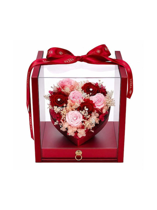 Aranjament Floral De Lux În Formă De Inimă 7 Trandafiri Criogenați Cristale În O Cutie Roșie Sertar Plexiglas