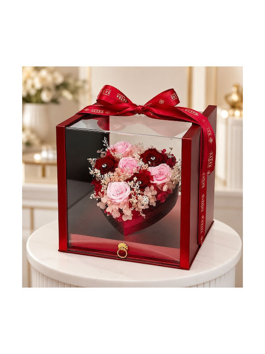 Aranjament Floral De Lux În Formă De Inimă 7 Trandafiri Criogenați Cristale În O Cutie Roșie Sertar Plexiglas