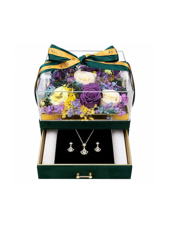 Set De Lux Premium 11 Trandafiri Criogenați Set De Bijuterii Cu Zirconiu În Cutie Pătrată Verde Din Catifea Sertar Plexiglas