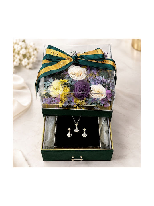 Set De Lux Premium 11 Trandafiri Criogenați Set De Bijuterii Cu Zirconiu În Cutie Pătrată Verde Din Catifea Sertar Plexiglas