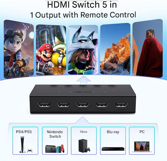 Ugreen Comutator HDMI 5 Intrări 1 Ieșire HDMI 2.0 4K 60Hz 18Gbps HDR CEC HDCP 2.2 3D Telecomandă IR Comutare Rapidă PS5 PS4 Xbox Apple TV Blu-ray DVD Compatibil TV Monitor Proiector Alimentare USB-C 5V
