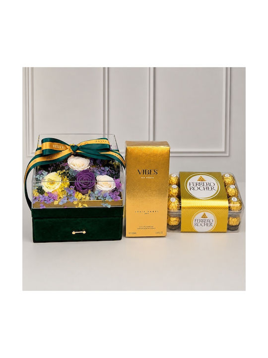 Set Premium De Lux 11 Trandafiri Criogenați Louis Varel Vibes Parfum 100 Ml Praline Ferrero Rocher În Cutie Pătrată Verde Din Catifea Sertar Plexiglas