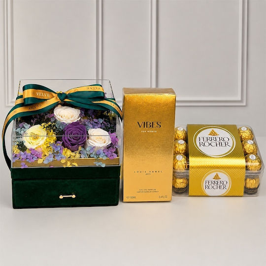 Set Premium De Lux 11 Trandafiri Criogenați Louis Varel Vibes Parfum 100 Ml Praline Ferrero Rocher În Cutie Pătrată Verde Din Catifea Sertar Plexiglas Set Premium De Lux 11 Trandafiri Criogenați Louis Varel Vibes Parfum 100 Ml Praline Ferrero Rocher În Cutie Pătrată Verde Din Catifea Sertar Plexiglas