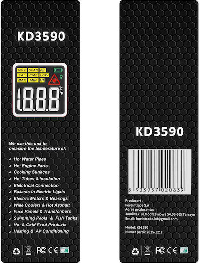 Kraft & Dele KD3590 Termometru Infraroșu pentru Temperaturi de la 0°C până la 50°C cu Raportul Distanță la Țintă 12:1