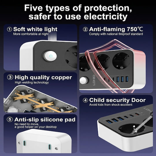 Ldnio Power Strip 3 Sockets with USB-A, 3 USB-C, Switch and 2m Cable