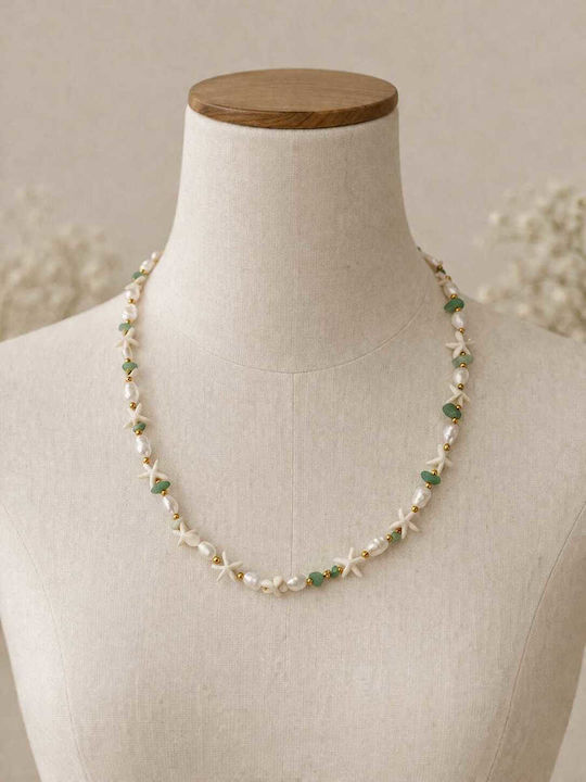 Deka Handmade Necklace Natural Seashells Stones Metal Chain 50 cm Green