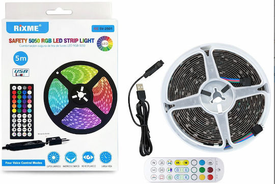 Rixme LED TV Strip USB 5V RGB Light 5m SMD5050 Type with Power Supply & Remote Control