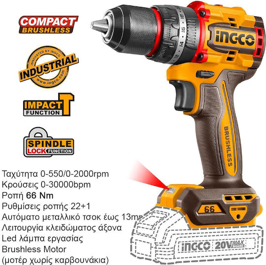 Ingco CKLI20255E Set Roată Unghiulară & Mașină de Găurit Brushless 20V cu 2 Baterii 2Ah
