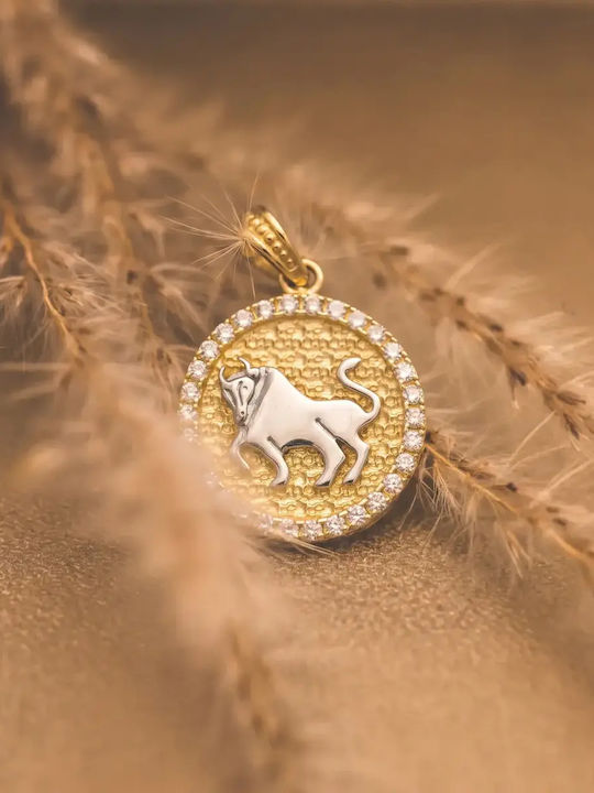 Hängendes Charm Tierkreiszeichen Stier aus Weißgold 9K mit Zirkon
