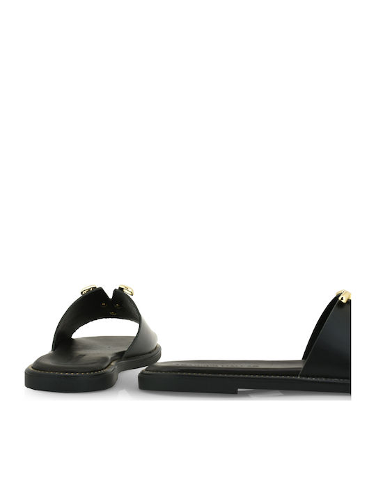 Leder Flache Sandalen für Damen Schwarz