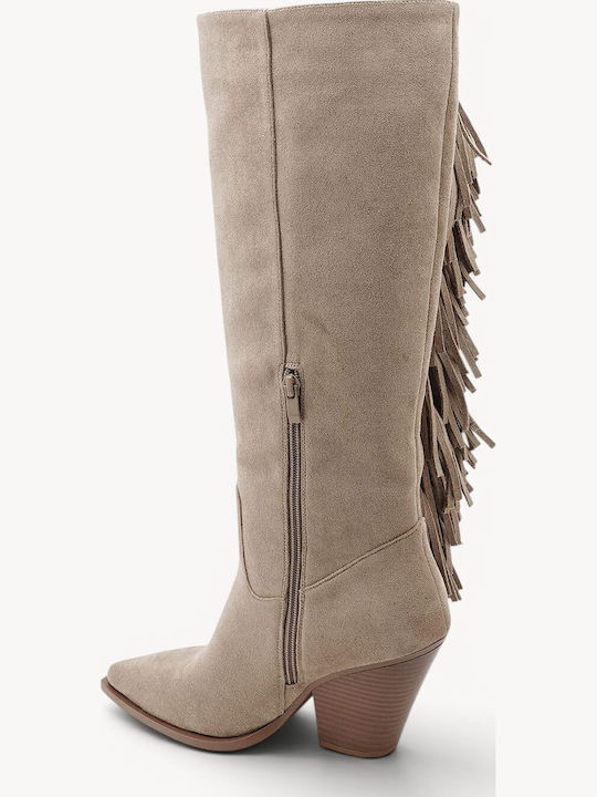 Beige Western Boots with Fringes Low Heel