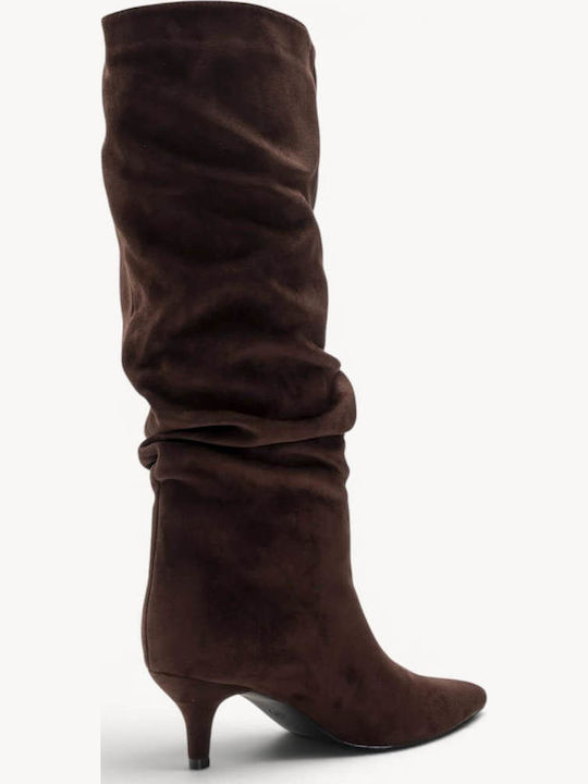 Brown Suede Boots Ruched Design Pointed Toe