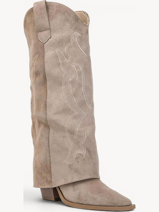 Beige Western Boots Embroidered Design Pointed Toe