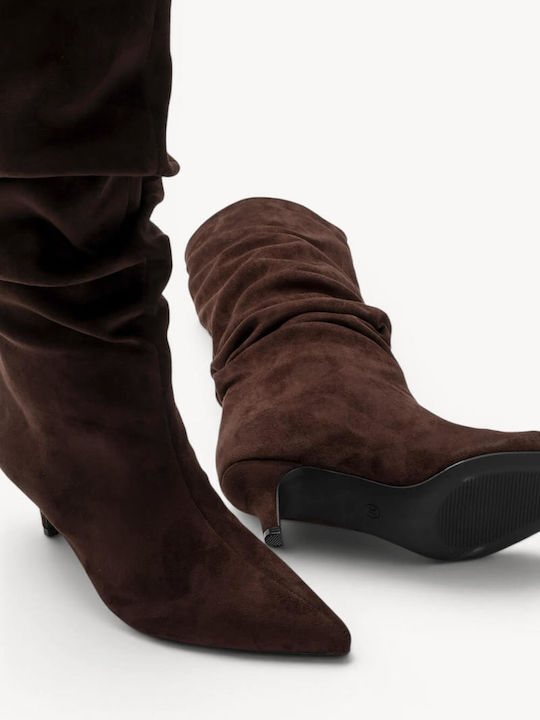 Brown Suede Boots Ruched Design Pointed Toe