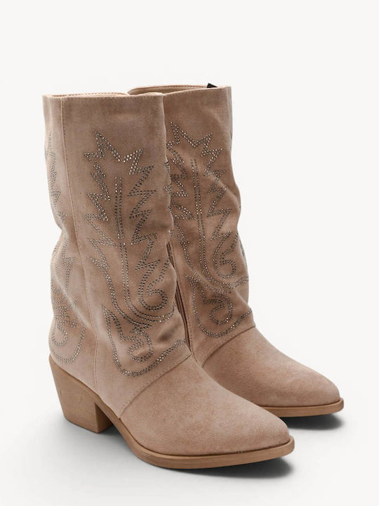 Beige Western Boots Suede Strass Low Heel