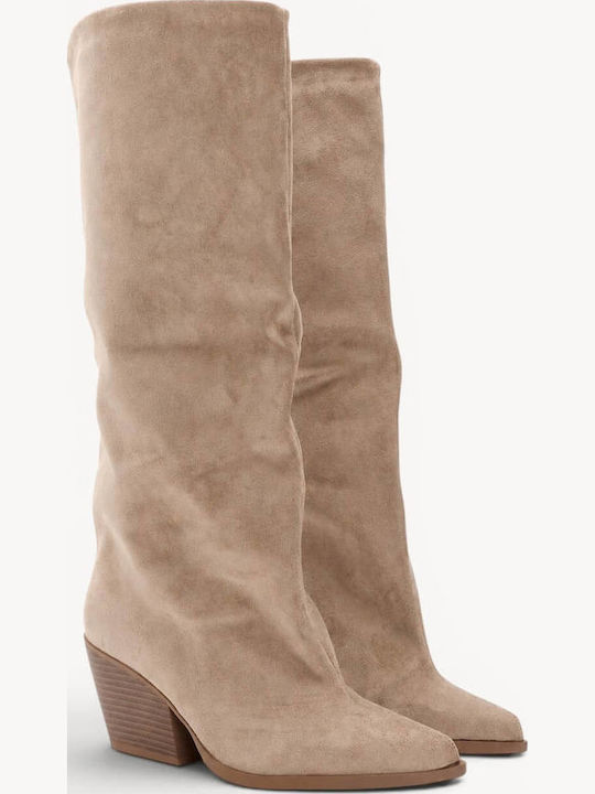 Beige Boots Pointed Toe Thick Heel