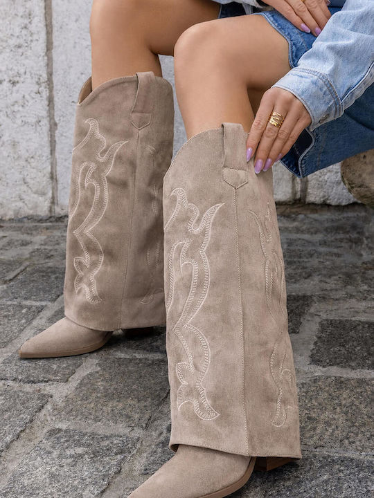 Beige Western Boots Embroidered Design Pointed Toe