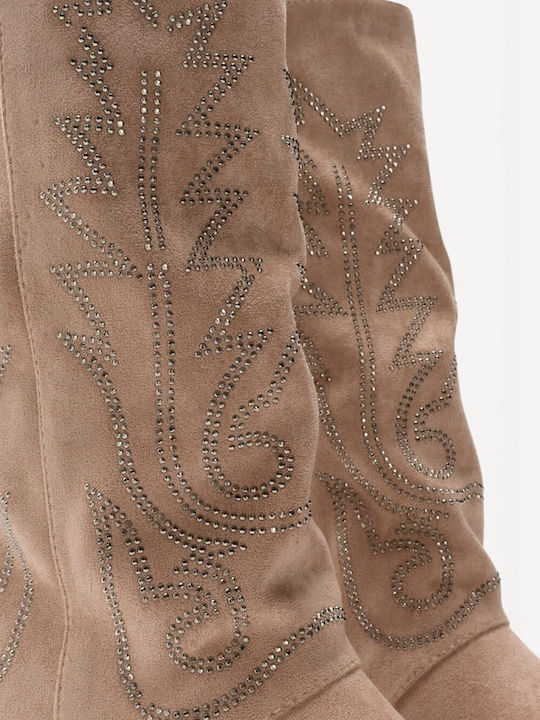 Beige Western Boots Suede Strass Low Heel