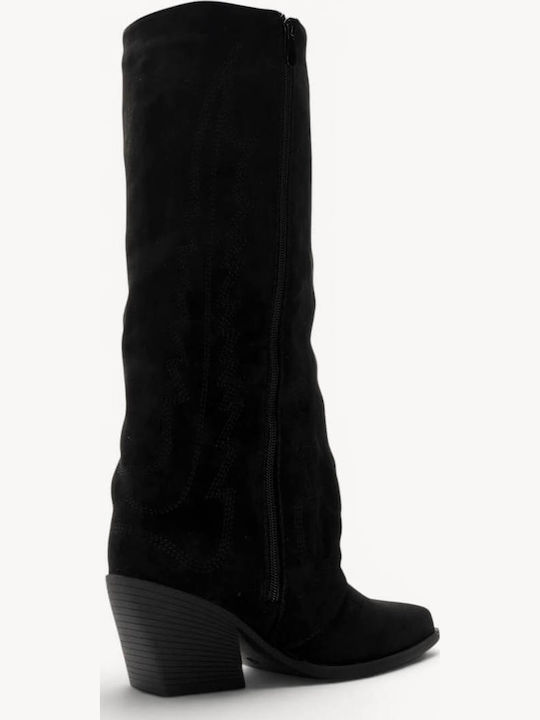 Black Cowboy Suede Boots Embroidered Seams