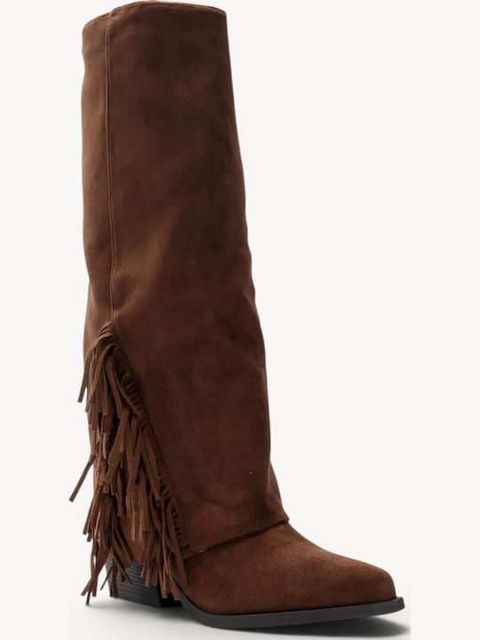 Brown Cowboy Suede Boots Fringes High Heel