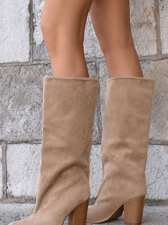 Beige Boots High Neck Thick Heel