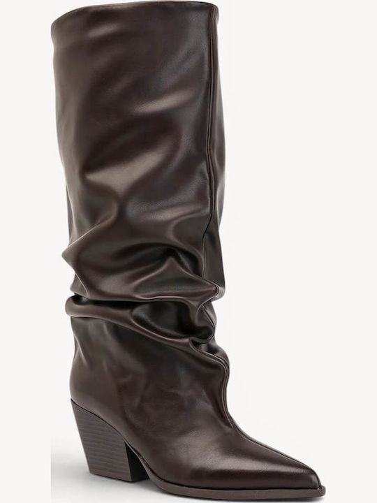 Brown Boots Ruched Pointed Toe Thick Heel