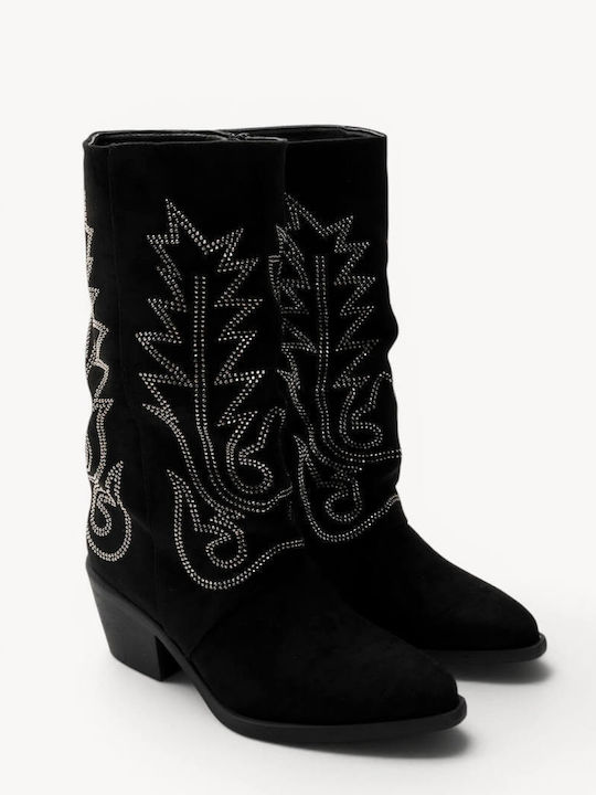 Black Western Suede Boots with Strass Low Heel