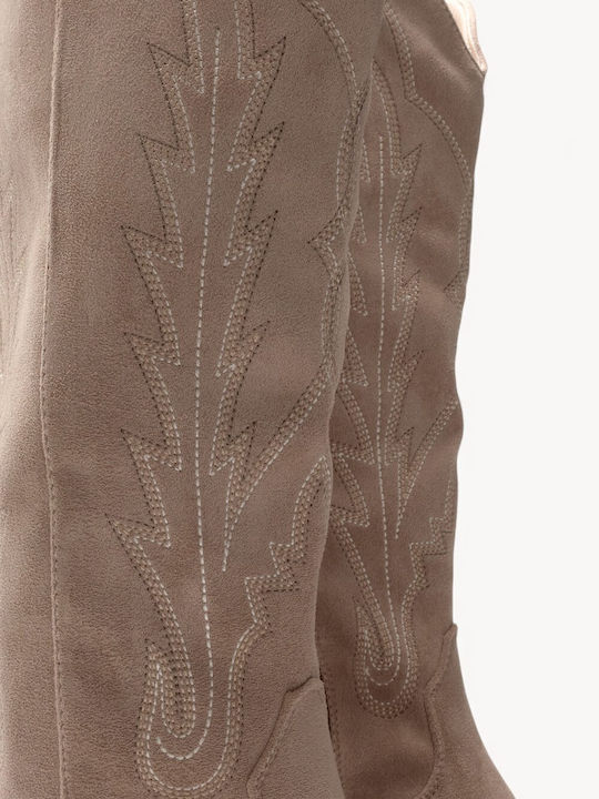 Beige Western Boots Suede Decorative Stitching