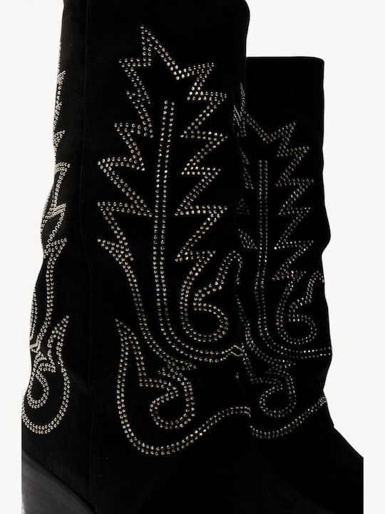Black Western Suede Boots with Strass Low Heel