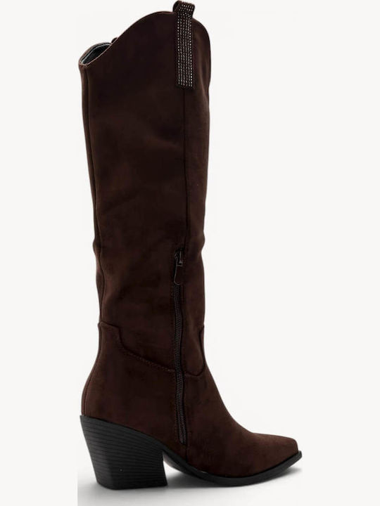 Brown Western Boots with Rhinestones Slanted Heel
