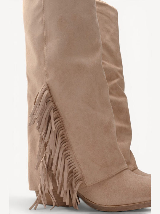 Beige Cowboy Boots Suede Fringes High Heel